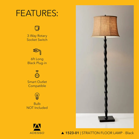 Black Floor Lamp With Brown Burlap Shade, 3 Way Dimming, 62 Inch Tall Standing Light For Bedroom, Living Room, Or Home Office
