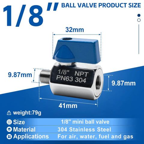 1/8-inch mini ball valve in 304 stainless steel, 1/8 NPT threads, dimensions labeled, blue handle, corrosion-resistant, for air, water, fuel, gas.