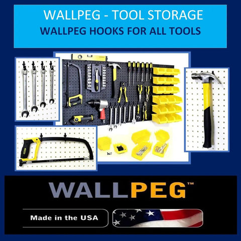10 Pack 7 Inch Pegboard Bins Kit For Craft Room And Garage Organization displayed with tools on wall, made in USA