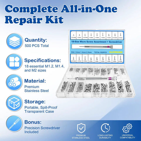 Premium 500 Piece Micro Screws Assortment Kit With M1.2 M1.4 M2 Tiny Fasteners Inside Hella Slick Labeled Case in clear organizer.
