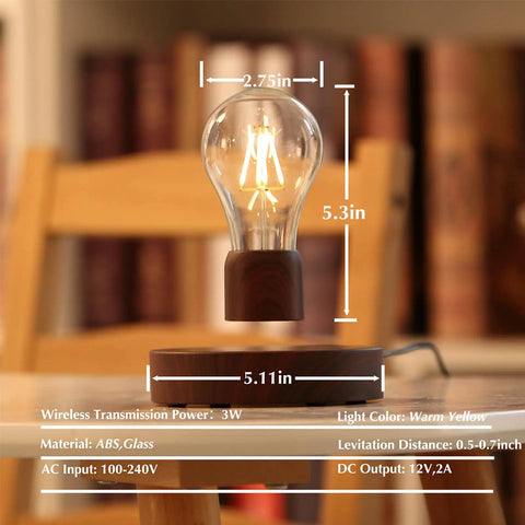 Floating LED Light Bulb Desk Lamp With Magnetic Levitation And Wireless Induction Power, showing warm yellow light on wooden base