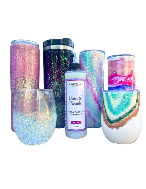 Grande Finale Tumbler Coat Gloss Finish with colorful 12oz tumblers, showing durable shine and variety of design applications