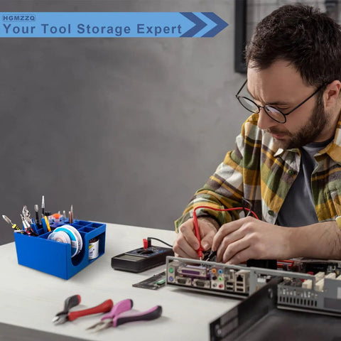 Man using Non Slip Solder Holder And Dispenser Reel Stand With Anti Skid Feet for secure storage next to tools on workbench
