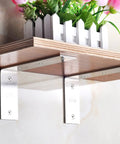 Heavy Duty Stainless Steel Shelf Brackets supporting wooden shelf with flowers, 8.86 inch L corner mounts for DIY upgrades.
