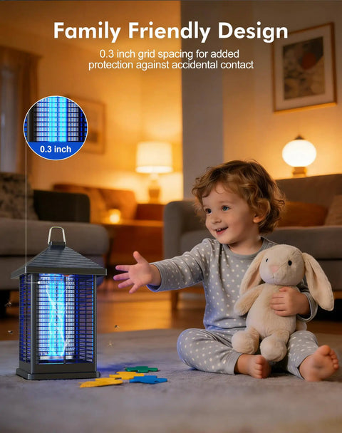 Indoor Outdoor Bug Zapper With Auto Smart Light Sensor 4000V Electric Mosquito Trap next to child and toy, 2100 Sq Ft coverage.