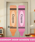 Two Pack Crayon Shaped Blackout Window Curtains For Classrooms And Offices, fun pink and orange door window covers on door