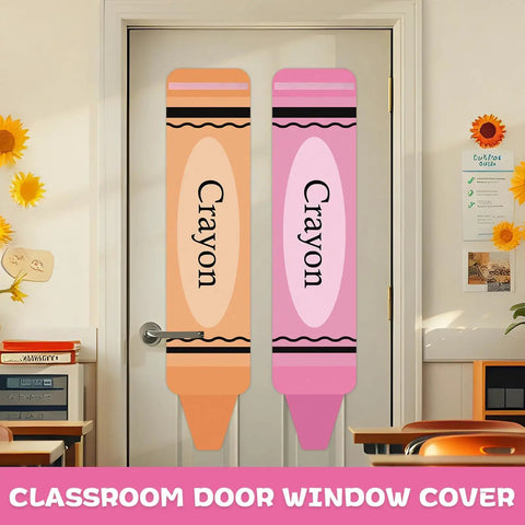 Two Pack Crayon Shaped Blackout Window Curtains For Classrooms And Offices, fun pink and orange door window covers on door