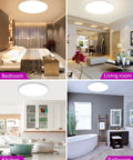 Dimmable Smart LED Ceiling Light Flush Mount 12 Inch 24W 3200 Lumens in bedroom, living room, kitchen, and bathroom settings.