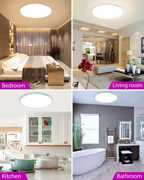 Dimmable Smart LED Ceiling Light Flush Mount 12 Inch 24W 3200 Lumens in bedroom, living room, kitchen, and bathroom settings.