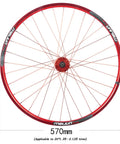 Red aluminum alloy wheel from 26 Inch Ride Ready Bicycle Wheel Set With Double Deck Rim Aluminum Alloy, Rear 135mm Hub, Disc Brake Ready.