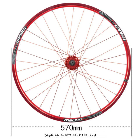 Red aluminum alloy wheel from 26 Inch Ride Ready Bicycle Wheel Set With Double Deck Rim Aluminum Alloy, Rear 135mm Hub, Disc Brake Ready.