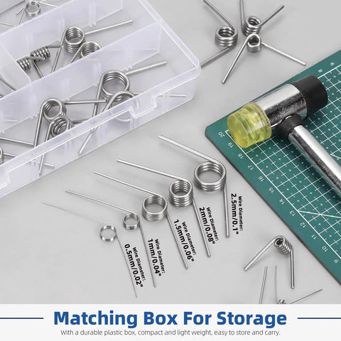 V Shaped Return Springs Set, 45 Piece Kit With 15 Sizes, stainless steel springs in box with tools on mat
