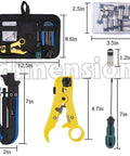 Coax Cable Crimping Kit With Adjustable Compression Tool and dimensions for RG6 RG59 RG11, includes F connectors and stripper.