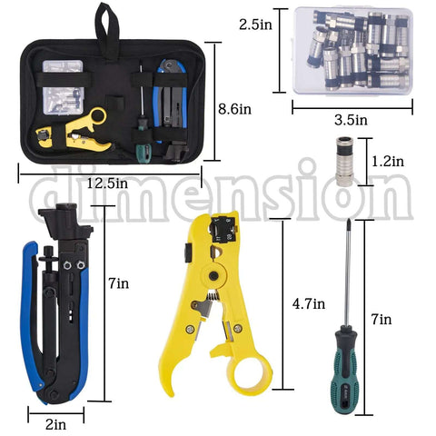 Coax Cable Crimping Kit With Adjustable Compression Tool and dimensions for RG6 RG59 RG11, includes F connectors and stripper.