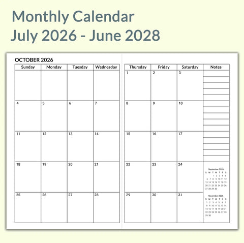 A5 Calendar Planner Inserts for Travelers Notebook Two Year Calendar Set July 2026 Through June 2028 Featuring Monthly Pages