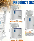 Heavy Duty Automatic Powder Filling Machine 1 To 500 Grams showing size models A, B, C for coffee beans and dry grains.
