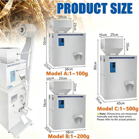 Heavy Duty Automatic Powder Filling Machine 1 To 500 Grams showing size models A, B, C for coffee beans and dry grains.