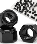 Quarter Inch Twenty Nylon Insert Lock Nuts 65 Pieces Black Oxide 304 Stainless Steel Nylock Nuts With Coarse Thread for Anti Loosening in Mechanical and DIY Projects by ZQZ, front view of black nuts with open box.