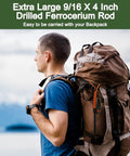Man hiking with backpack showing 4 Pack Ferro Rod Fire Starter Kit With Paracord Handle Flint And Steel 6 In 1 Survival Tool