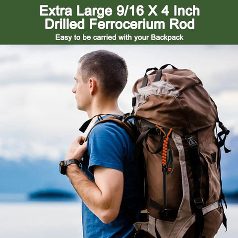 Man hiking with backpack showing 4 Pack Ferro Rod Fire Starter Kit With Paracord Handle Flint And Steel 6 In 1 Survival Tool