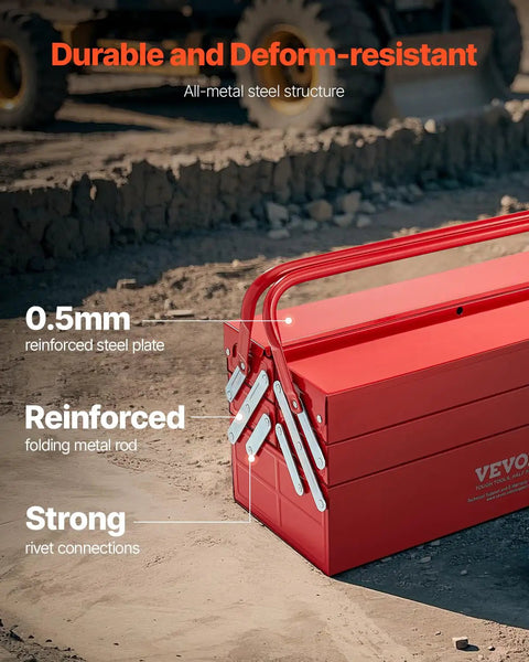 Solid 18 Inch Metal Tool Box With 3 Tier 5 Tray Layout, Fold Down Tool Chest For Garage Grinds And Truck Beds, Tough Powder Coated Steel For Sweet Organizing Vibes