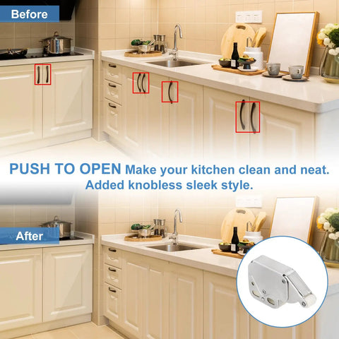 Before and after view of kitchen showing Magnetic Push Latch Set For Cabinet Doors 1.93 By 1.1 Inches Hidden Door Release