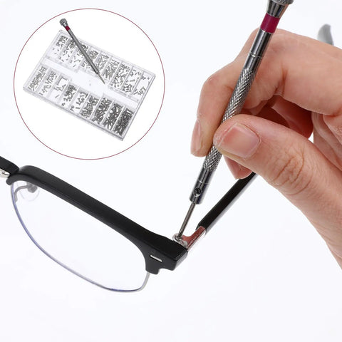 Using 500Pcs Eyeglass Repair Kit With Tiny Micro Screws And Phillips Screwdriver for fixing eyeglasses, with screws visible