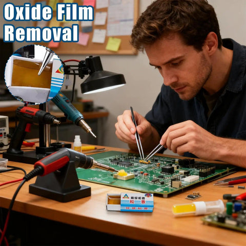 Technician using Rosin Flux Soldering Paste Dope 10 Piece High Purity Cream for precise motherboard repair with tools.
