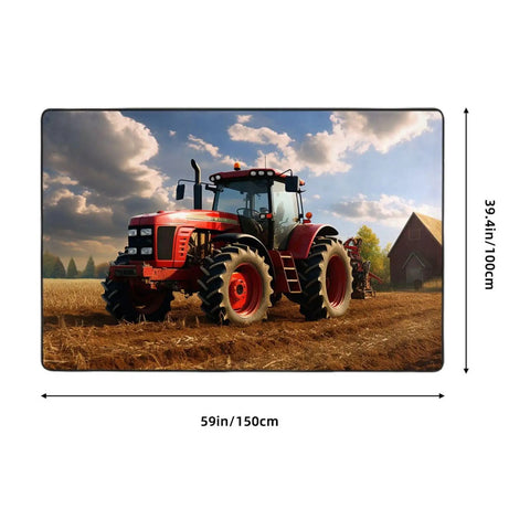 Fantasy Farm Tractor Non Slip Doormat 60x39 Inches Low Profile Area Rug depicting a red tractor on a farm field with a barn.