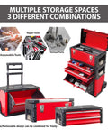 Portable Rolling Garage Tool Organizer Cart With 3 Drawers, Stackable Upright Toolbox shown in red with open compartments