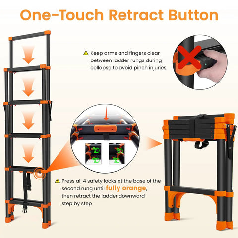 A Frame Telescoping Ladder With One Button Retraction, Aluminum Adjustable Extension Ladder, Grab And Go Portable Design