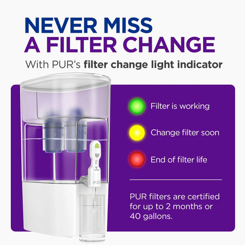 XL 44 Cup Water Filter Dispenser With Genuine PUR Filters, shown with filter change light indicator and filter status
