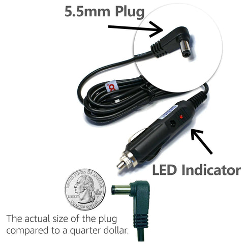 Car Charger For RCA Portable DVD TV Combo Players And Celestron Telescopes, 6.5 ft Power Cord with 5.5mm Plug and LED Indicator