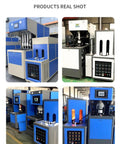 High Speed Plastic Bottle Blowing Machine Industrial Blow Molder showing different angles, blue and gray design, with control panels.