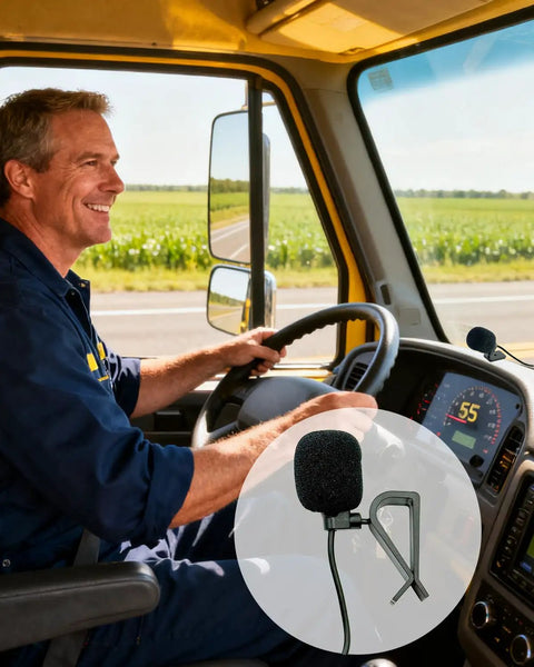 Trucker using Crystal Clear 3.5mm Car Microphone For Aftermarket Radios With 16.4 Feet Cable And 2.5mm Adapter, road view