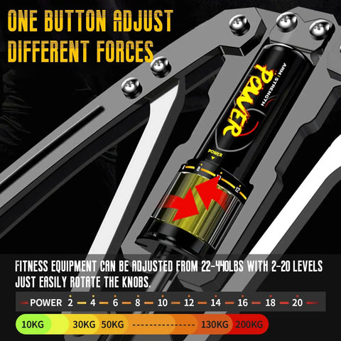 Close-up of Upgraded Hydraulic Arm Exerciser With Adjustable Resistance From 22 To 440 Lbs showing resistance settings and adjustment knob.