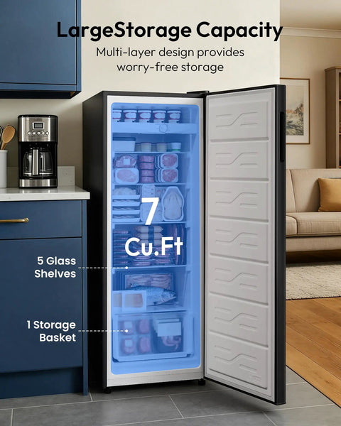 Big Boy 7 Cu Ft Upright Freezer And Convertible Refrigerator Combo With Legit Cold Storage For Bulk Meal Prep And Weekend Drinks Featuring Straight Up Space Saving Vertical Design, showcasing 5 glass shelves.