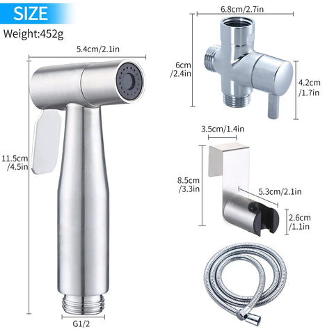 Dimensions of Handheld Bidet Sprayer For Toilet With Adjustable Water Pressure, Leak Proof Food Grade Stainless Steel Hose