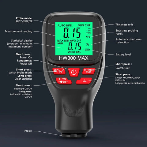All Around Paint Thickness Gauge 0-2000um With LCD Readout Auto Substrate Detection 3 Probe Modes 3 Unit Switching Works On Steel Metal Plastic Glass PVC Battery Indicator Auto Shutoff Pro Grade handheld gauge with probe and LCD screen