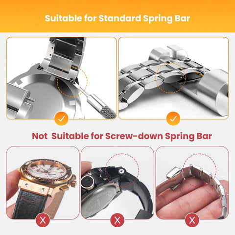Watch Link Removal Tool Kit For Band Adjustment And Replacement, Pro Grade Watch Repair Set showing standard spring bar suitability