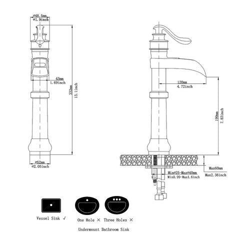 Technical drawing of Oil Rubbed Bronze Vessel Sink Faucet With Tall Waterfall Spout Single Hole Deck Mount One Handle Farmhouse Style Bathroom Faucet Built For Durability And A Sleek Modern Master Bath Vibe, showing dimensions and installation details.