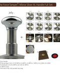 58.35 Mm Espresso Coffee Tamper Kit With Stainless Steel Base And Silver Mirrored Aluminum Handle showing interchangeable tamping bases.