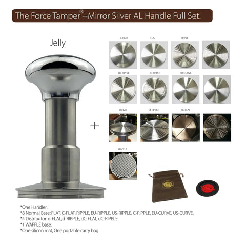 58.35 Mm Espresso Coffee Tamper Kit With Stainless Steel Base And Silver Mirrored Aluminum Handle showing interchangeable tamping bases.