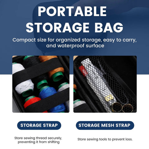Portable storage bag with organized sewing kit, featuring thread spools, mesh strap, and accessories for Complete Sewing Kit For Adults.
