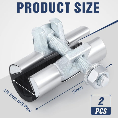 Angled side view of two stainless steel 1/2-inch pipe repair clamps, each with a single bolt, 3-inch length.