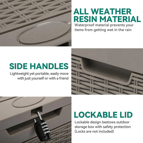 Close-up of 32 Gallon Rattan Deck Box With Lockable Lid And Side Handles, showing resin material, handles, and lock area details