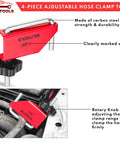 Four Piece Hose Pinch Off Pliers Set For Fuel Line Coolant Radiator Brake Hoses Clamp Tool with close-up of red clamp on engine.