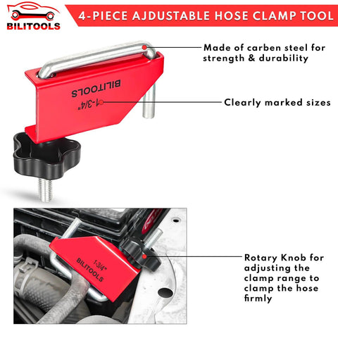 Four Piece Hose Pinch Off Pliers Set For Fuel Line Coolant Radiator Brake Hoses Clamp Tool with close-up of red clamp on engine.