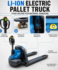Solid Electric Pallet Jack With 3300 Lbs Capacity And Removable Lithium Battery For Heavy Lifting On Forks Plus Smooth Docks Factory Ride showcasing ergonomic handle, charging port, wheels.