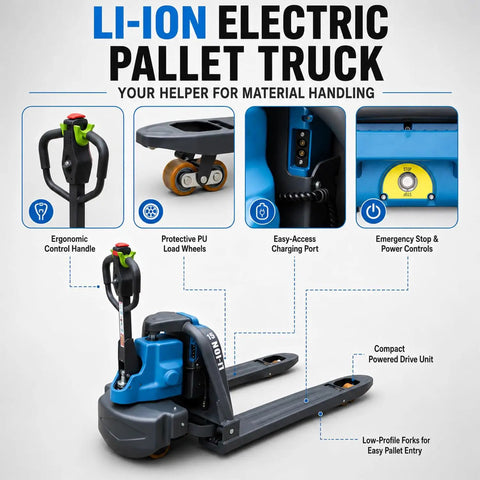 Solid Electric Pallet Jack With 3300 Lbs Capacity And Removable Lithium Battery For Heavy Lifting On Forks Plus Smooth Docks Factory Ride showcasing ergonomic handle, charging port, wheels.